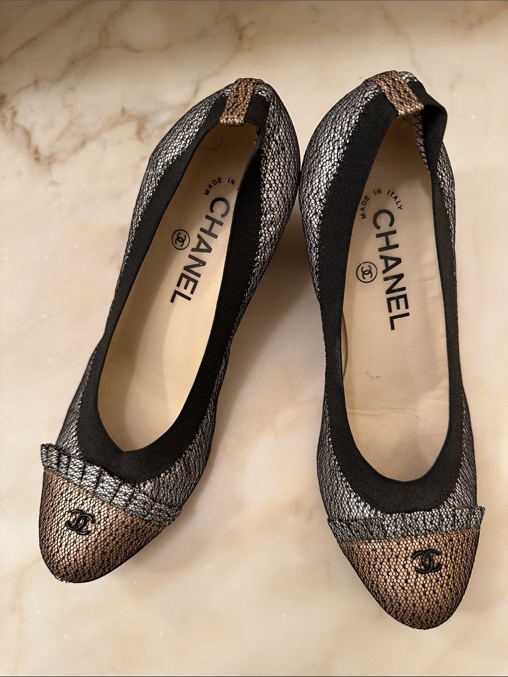Chanel Metallic Black Silver & Rose Cap-Toe Ballet Heels w/Dust BagsSZ 36.5